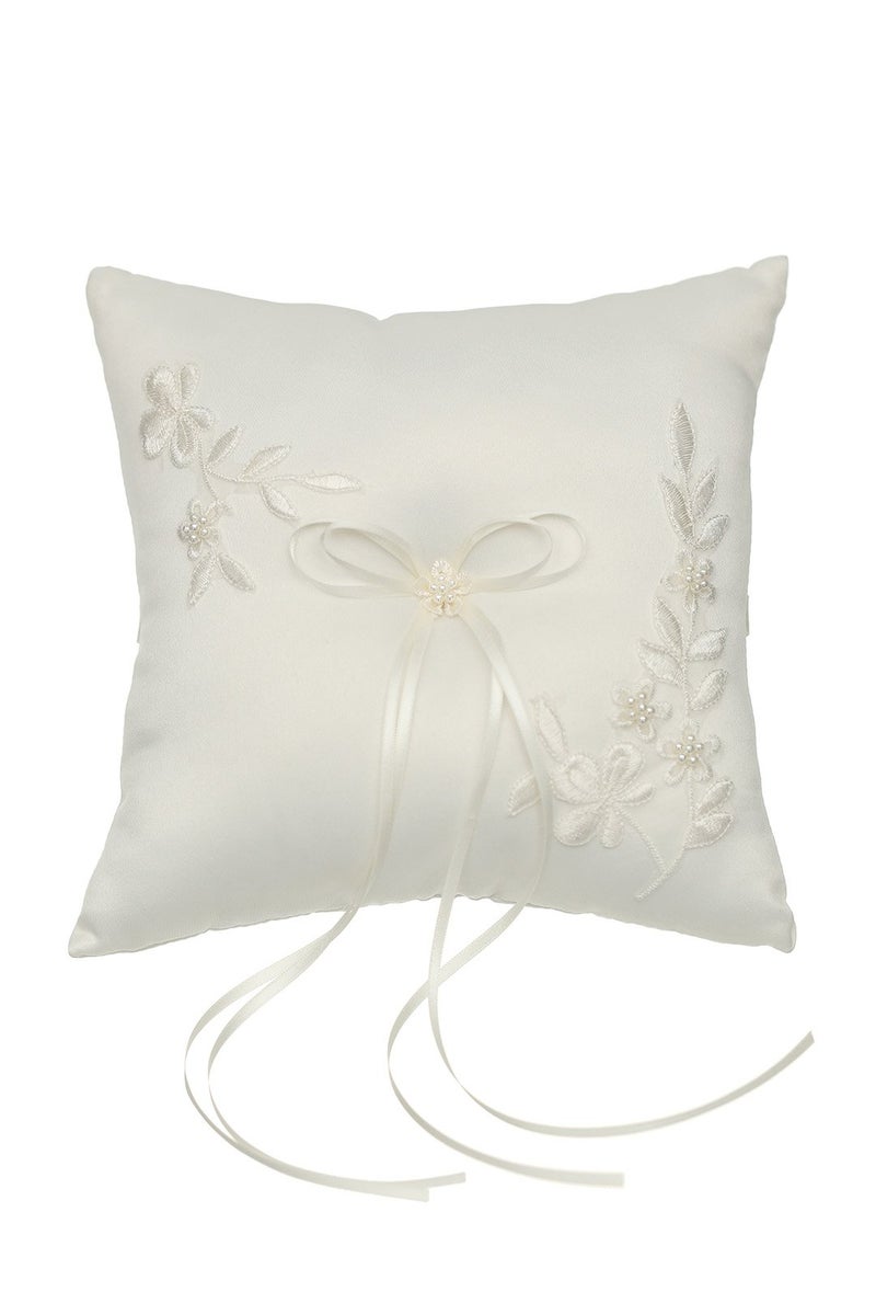 SAMKY Pearl Embroidered Flower Leaves Wedding Ring Bearer Pillow 7 Inch x 7 Inch - Ivory RP010I - Image 1
